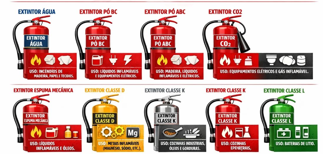 Tipos de extintores e seus usos adequados